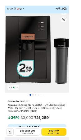 Eureka Forbes Aquaguard Nova 2X UV + Stainless Steel Water Purifier hai.